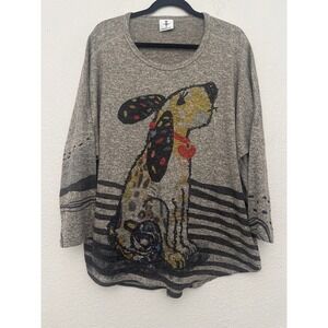 Inoah Scruffy Dog Graphic Top Gray Long Sleeve Size Medium Art to Wear